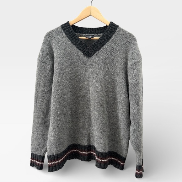 Vintage Sweaters - Vintage Wool Androgynous V-Neck Striped Preppy Chunky Knit 90’s Sweater